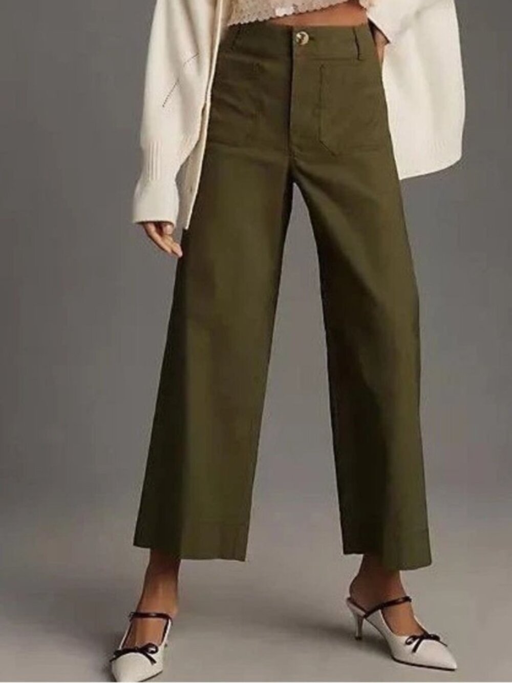 Anthropologie Maeve Colette Wide-Leg Cropped Pants Olive Green High Rise 30 Tall - Picture 1 of 16